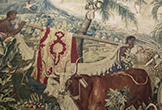 Detalle del tapiz de 'Transporte y molturación de la caña de azúcar' en el Salón de Gobelinos del Palacio de Viana en Córdoba